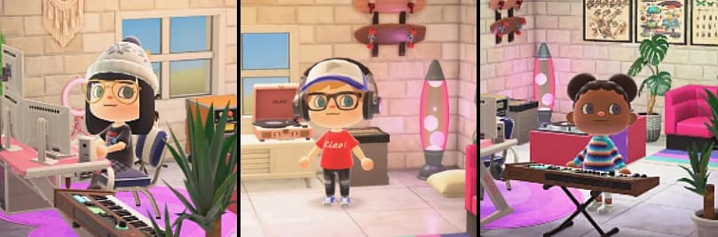 Stella, Arlo and Petal as Animal Crossing villagers, making music at home